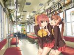  bow brown_eyes brown_hair hair_bow happy highres leaning_forward long_hair morikawa_minami multiple_girls partner pink_eyes pink_hair plaid plaid_skirt pointing redhead sangami_erika school_uniform skirt taka_tony tartan train train_interior twintails wallpaper wink 