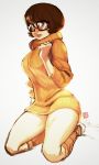  big_breasts blue_eyes bottomless breasts brown_hair curvy freckles glasses hips kneehighs kneeling no_panties qiqo scooby-doo scooby_doo short_hair sleeves_pushed_up socks solo sweater sweater_dress thighs turtleneck velma_dace_dinkley velma_dinkley white_background 