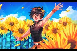  1boy belt black_eyes black_hair blush choker closed_eyes fang flower hairband highres jojo_no_kimyou_na_bouken male_focus medium_hair mikage_kazuki narancia_ghirga open_mouth outdoors shirt smile solo sunflower vento_aureo wristband 