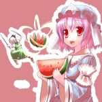  food fruit hat hirasato holding holding_fruit katana konpaku_youmu pink_hair saigyouji_yuyuko short_hair silver_hair slashing sword touhou watermelon weapon 