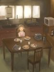 brown_hair chair child closed_eyes cup doujima_nanako egg happy kitchen microwave morning persona persona_4 pot short_hair sink smile stuffed_animal stuffed_toy table teddy_bear toast toaster tonko twintails 