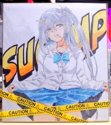  1girl alakoala aqua_ribbon black_one-piece_swimsuit blue_skirt candy character_name competition_swimsuit cowboy_shot food grey_hair hair_ornament highleg kantai_collection looking_at_viewer miniskirt one-piece_swimsuit open_mouth pleated_skirt ribbon scamp_(kancolle) shikishi shirt side_ponytail skirt solo star_(symbol) star_hair_ornament swimsuit teeth traditional_media violet_eyes white_shirt 