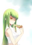  c.c. cc code_geass eating food green_hair long_hair miyoochi pizza sleeveless sleeveless_turtleneck turtleneck yellow_eyes 