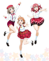  3girls :d ahoge aqua_eyes arm_up artbook beret blue_eyes bow bowtie braid collared_shirt cyaron!_(love_live!) dress_shirt frilled_skirt frills full_body genki_zenkai_day!_day!_day! grey_hair hat highres kurosawa_ruby leg_up long_sleeves looking_at_viewer love_live! love_live!_sunshine!! miniskirt multiple_girls necktie non-web_source official_alternate_costume official_art open_mouth orange_hair pink_bow red_bow red_bowtie red_eyes red_hair red_necktie red_shorts red_skirt shirt shoes short_hair short_sleeves shorts simple_background skirt smile socks standing standing_on_one_leg striped_necktie suspenders takami_chika watanabe_you white_background white_shirt 
