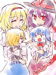  4girls alice_margatroid angry closed_eyes hairband hat hinanawi_tenshi kirisame_marisa multiple_girls myama nagae_iku red_eyes shawl time_paradox touhou young 