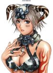  blue_eyes breasts cleavage collar front-tie_top horns jewelry large_breasts ring ryu_(artist) short_hair silver_hair skull tattoo 