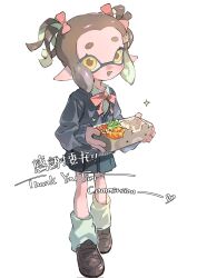  1girl bear_hair_ornament blue_skirt bow bowtie brown_hair brown_shoes cardigan collared_shirt commentary commission food full_body grey_cardigan hair_bow hair_ornament highres holding_bento inkling inkling_girl inkling_player_character loafers long_sleeves looking_at_viewer loose_socks mole mole_under_eye open_mouth p-pepper pink_bow pink_bowtie pleated_skirt pointy_ears rice shirt shoes short_hair short_twintails shrimp shrimp_tempura skirt smile socks solo splatoon_(series) standing symbol-only_commentary tempura tentacle_hair thank_you twintails white_shirt white_socks yellow_eyes 