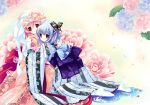  blue_hair butterfly butterfly_hair_ornament flower hair_ornament hairband hand_in_hair hug hydrangea japanese_clothes kimono kneeling konpaku_youmu looking_at_viewer natsume_eri pink_hair red_eyes rose saigyouji_yuyuko short_hair silver_hair sitting smile socks tareme touhou yukata 