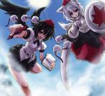  black_hair flying hat inubashiri_momiji notebook pen shameimaru_aya shield short_hair sw_(stevew) sword tail touhou weapon white_hair wings wolf_ears wolf_tail 