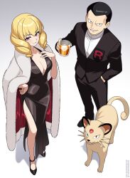 1boy 1girl absurdres black_hair blonde_hair breasts character_request cup dress drill_hair giovanni_(pokemon) glass highres holding holding_cup ice ice_cube large_breasts nico-neko no_bra persian pokemon pokemon_(creature) revealing_clothes short_hair simple_background team_rocket white_background