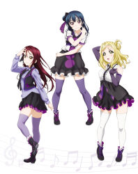  3girls :d artbook black_gloves black_necktie black_skirt black_vest blonde_hair blue_hair blush boots bow braid closed_mouth collared_shirt crown_braid dress_shirt elbow_gloves floating_hair frills full_body gloves guilty_kiss_(love_live!) hair_bun hand_in_own_hair highres layered_skirt long_hair long_sleeves looking_at_viewer love_live! love_live!_sunshine!! miniskirt multiple_girls musical_note necktie non-web_source official_alternate_costume official_art ohara_mari open_mouth purple_shirt red_eyes red_hair sakurauchi_riko shirt short_sleeves simple_background skirt sleeveless smile standing strawberry_trapper thigh-highs tsushima_yoshiko very_long_hair vest white_background white_shirt wing_collar yellow_eyes zettai_ryouiki 