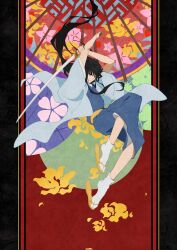  1boy androgynous arms_up black_hair blue_kimono closed_mouth commentary commentary_request floating_hair full_body gintama grey_haori highres holding holding_sword holding_weapon huoze76020 japanese_clothes katana katsura_kotarou kimono long_hair looking_at_viewer male_focus pillarboxed ponytail sandals socks solo sword tabi very_long_hair weapon white_socks zouri 