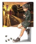  black_hair brown_eyes dennou_coil glasses jacket road satchii skirt street sunset twintails ug 