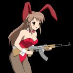  animal_ears asahina_mikuru assault_rifle brown_eyes brown_hair bunny_ears bunnysuit gun mole mole_on_breast pantyhose rabbit_ears rifle suzumiya_haruhi_no_yuuutsu vector_trace weapon 