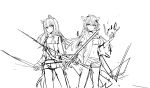  2girls absurdres animal_ear_fluff animal_ears arknights bandeau bangs breasts chihuri closed_mouth dual_wielding eyebrows_visible_through_hair fingerless_gloves gloves greyscale hair_between_eyes hair_ornament hairclip highres holding holding_sword holding_weapon jacket lappland_(arknights) long_hair long_sleeves looking_at_viewer monochrome multiple_girls navel open_clothes open_jacket short_shorts shorts simple_background sketch small_breasts smile standing strapless sword tail texas_(arknights) very_long_hair weapon white_background wide_sleeves 