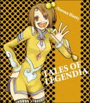  bad_id brown_eyes brown_hair buzz character_name cleavage_cutout flat_chest hair_bobbles hair_ornament norma_beatty norma_biatty orange_background pipe short_hair skirt straw tales_of_(series) tales_of_legendia thigh-highs thighhighs title_drop zettai_ryouiki 