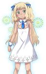  blush dress embarrassed flat_chest frown green_eyes gundam gundam_00 gundam_00f gundam_00p hair_ribbon kuro_(pizz66) long_hair necktie ribbon sherilyn_hyde short_twintails solo standing sundress twintails very_long_hair wrist_cuffs 