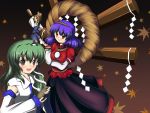 drunk green_hair hat japanese_clothes kochiya_sanae leaf leaves long_hair long_skirt miko moriya_suwako onbashira purple_hair ribbon rope shide shimenawa short_hair skirt touhou tsukimiya_kyousuke yasaka_kanako