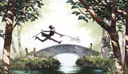  1boy bird black_coat black_hat black_pantyhose black_shirt black_shoes cane coat dappled_sunlight day facial_hair fern flower glasses gloves goose grass hat hinata_(echoloveloli) holding holding_cane holding_leash leash mustache opaque_glasses original outdoors pantyhose pink_flower poodle round_eyewear running shade shadow shirt shoes short_hair socks stone_bridge stream suit sunlight tailcoat top_hat tree white_flower white_gloves white_hair white_socks wide_shot 