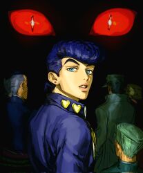  black_hair blue_eyes diamond_wa_kudakenai earrings hat heart higashikata_josuke highres hirose_koichi jewelry jojo_no_kimyou_na_bouken joseph_joestar joseph_joestar_(old) killer_queen kujo_jotaro lips male_focus multiple_boys nijimura_okuyasu pompadour santamanymany solo_focus 