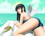  ass bare_shoulders black_eyes black_hair haibane_renmei halo inflatable_raft long_hair looking_back ocean one-piece_swimsuit raft reki school_swimsuit sky swimsuit swuimsuit wings yasunon 