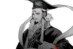  1boy chinese_clothes chinese_commentary closed_mouth commentary_request expressionless eyeliner facial_hair fate/grand_order fate_(series) forehead forehead_jewel fur_trim goatee greyscale guan_hat hagoromo hair_slicked_back hanfu highres holding long_sleeves longpao looking_at_viewer makeup male_focus mature_male mian_guan monochrome multicolored_hair mustache pencil_mustache red_eyeliner red_eyes shawl shi_huang_di_(concept_design)_(fate) shi_huang_di_(fate) simple_background sleepyuncle1 solo spot_color streaked_hair white_background 