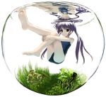  barefoot feet fish_tank fishtank flat_chest floating fortune_arterial grass green_eyes hands long_hair long_legs mocha one-piece_swimsuit purple_hair school_swimsuit soles solo swimsuit toes tougi_shiro twintails underwater water 