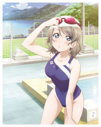  1girl artbook bare_legs blue_eyes blue_one-piece_swimsuit blush breasts clouds collarbone competition_swimsuit cowboy_shot day fence goggles goggles_on_head grey_hair highres looking_at_viewer love_live! love_live!_sunshine!! medium_breasts mountain non-web_source official_art one-piece_swimsuit outdoors parted_lips pool poolside short_hair sky solo swim_cap swimsuit watanabe_you water wet wet_clothes wet_hair 