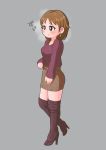  1girl absurdres boots breasts brown_hair commentary_request earrings hair_flaps high_heels highres idolmaster idolmaster_cinderella_girls jewelry katagiri_sanae large_breasts short_hair steam thigh-highs thigh_boots user_pmnp7743 