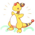  ampharos arms_up artist_name black_eyes blush blush_stickers forehead_jewel full_body no_humans pokemon pokemon_(creature) shiny shiny_skin signature simple_background solo standing tansho 