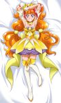  1girl amanogawa_kirara armpits arms_up bangs bed_sheet blunt_bangs boots bow breasts choker commentary_request cure_twinkle dakimakura dress earrings eyebrows_visible_through_hair from_above full_body gloves go!_princess_precure grin hair_ornament hanzou highlights highres jewelry long_hair looking_at_viewer lying magical_girl multicolored_hair on_back orange_hair pink_eyes precure shiny shiny_hair short_dress sleeveless sleeveless_dress small_breasts smile solo star star_earrings striped striped_dress thigh-highs thigh_boots twintails very_long_hair white_footwear white_gloves yellow_bow yellow_dress 