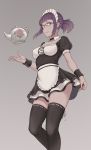  1girl alternate_costume black_legwear breasts cheshirrr dress enmaided glasses green_eyes highres looking_at_viewer maid maid_headdress menat purple_hair short_dress short_hair sidelocks simple_background small_breasts smile solo street_fighter street_fighter_v teapot thigh-highs wrist_cuffs 