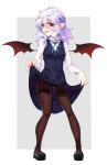  1girl alternate_costume bat_wings black_footwear black_legwear black_panties black_skirt black_vest black_wings blue_ribbon blush brooch embarrassed fang full_body gala_king grey_background hair_between_eyes highres jewelry lace lace-trimmed_panties lavender_hair lifted_by_self long_sleeves looking_at_viewer mary_janes neck_ribbon panties panties_under_pantyhose pantyhose pointy_ears red_eyes remilia_scarlet ribbon shirt shoes skirt skirt_lift skirt_set solo standing thighband_pantyhose touhou two-tone_background underwear vest white_background white_shirt wings 