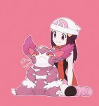  1girl beanie boots closed_mouth eyelashes hair_ornament hairclip hat headpat highres hikari_(pokemon) hungry_seishin long_hair orange_scarf outline over-kneehighs pink_background pink_footwear pokemon pokemon_(creature) pokemon_(game) pokemon_dppt purugly scarf sidelocks simple_background sitting smile thigh-highs violet_eyes white_headwear 