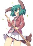  1girl :o animal_ears bamboo_broom broom cowboy_shot green_eyes green_hair holding holding_broom kasodani_kyouko leaf long_sleeves pleated_skirt short_hair simple_background skirt solo tail taishi_(moriverine) touhou white_background wind 