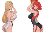  2girls arms_up ass ball bare_shoulders beachball blonde_hair blush breasts earrings eyebrows_visible_through_hair gem go-m hair_ornament highres mythra_(xenoblade) pyra_(xenoblade) jewelry large_breasts long_hair looking_at_viewer looking_back multiple_girls navel one-piece_swimsuit red_eyes redhead simple_background smile suspenders swimsuit tiara white_background xenoblade_(series) xenoblade_2 yellow_eyes 