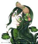  1girl artist_name asui_tsuyu bodysuit boku_no_hero_academia flower goggles goggles_on_head green_bodysuit green_eyes green_hair hair_flower hair_ornament head_tilt lily_pad long_hair looking_at_viewer looking_back quiss smile solo upper_body very_long_hair watermark web_address 