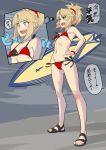  1girl :d ass_visible_through_thighs bare_shoulders bikini blonde_hair blue_eyes breasts cold excaliboard fate/grand_order fate_(series) full_body hand_on_hip mikoyan mordred_(fate)_(all) mordred_(swimsuit_rider)_(fate) open_mouth ponytail red_bikini sandals side-tie_bikini small_breasts smile snot snow solo surfboard swimsuit teeth translated trembling 