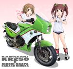  2girls absurdres bloomers boots commentary_request flick_(sal23) ground_vehicle highres idolmaster idolmaster_cinderella_girls kawasaki mimura_kanako motor_vehicle motorcycle multiple_girls ogata_chieri thigh-highs thigh_boots underwear walking_bike 