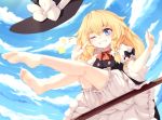  1girl ;d bare_legs barefoot blonde_hair bloomers blue_eyes blush bow bowtie braid broom broom_riding clouds day feet finger_to_eye from_below grin hair_between_eyes hair_bow hat hat_bow hat_removed headwear_removed highres kirisame_arisa kirisame_marisa kneepits legs legs_up long_hair one_eye_closed open_mouth puffy_short_sleeves puffy_sleeves red_neckwear short_sleeves side_braid sitting skirt skirt_set sky smile soles solo star toes touhou underwear witch_hat 