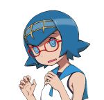  1girl @_@ aliasing bare_shoulders bespectacled blue_eyes blue_hair blue_sailor_collar commentary_request glasses hairband hands_up open_mouth pokemon pokemon_(game) pokemon_sm red-framed_eyewear sailor_collar shiny shiny_hair short_hair simple_background sleeveless solo squid_neetommy suiren_(pokemon) white_background yellow_hairband 