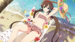  1girl ahoge bare_arms bare_legs bare_shoulders beach brown_hair cup day drink drinking_glass flat_chest flower hair_ribbon hairband hammock hat heterochromia holding long_hair lying official_art palm_tree ribbon ryoubi_(senran_kagura) sand senran_kagura senran_kagura_new_link smile solo straw_hat swimsuit tree twintails water yaegashi_nan 