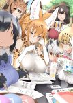 6+girls :&lt; alternate_breast_size alternate_hairstyle animal_ear_fluff animal_ears apron bangs bare_shoulders bear_ears blonde_hair blush book bow bowtie breast_rest breasts brown_bear_(kemono_friends) brown_hair center_frills common_raccoon_(kemono_friends) cup drinking_straw elbow_gloves eurasian_eagle_owl_(kemono_friends) eyebrows_visible_through_hair face_of_the_people_who_sank_all_their_money_into_the_fx food fur_collar gloves grey_hair hair_ornament hairclip hand_on_head hayashi_(l8poushou) highres jaguar_(kemono_friends) jaguar_ears jaguar_print japari_bun kemono_friends large_breasts long_hair multicolored_hair multiple_girls northern_white-faced_owl_(kemono_friends) otter_ears owl_ears pencil raccoon_ears serval_(kemono_friends) serval_ears serval_print short_hair sleeveless small-clawed_otter_(kemono_friends) table translated tray triangle_mouth white_hair yellow_eyes 