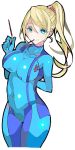  1girl arm_behind_back bangs blonde_hair blue_bodysuit blue_eyes bodysuit breasts closed_mouth covered_collarbone covered_nipples enpe eyebrows_visible_through_hair food highres large_breasts long_hair metroid mole mole_under_mouth nintendo pocket pocky ponytail retro_studios samus_aran simple_background smile solo white_background zero_suit 