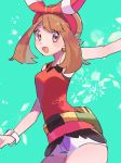  1girl arm_up bad_id bad_pixiv_id bag bangs bare_shoulders blush blush_stickers breasts brown_eyes brown_hair cowboy_shot fanny_pack green_background happy haruka_(pokemon) highres looking_at_viewer medium_breasts medium_hair open_mouth outstretched_arm pokemon pokemon_(game) pokemon_oras red_shirt ririmon shirt short_shorts shorts simple_background sleeveless sleeveless_shirt smile solo sparkle standing watch watch white_shorts 
