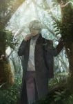  1boy aoki_(fumomo) black_coat brown_pants cigarette coat commentary_request day forest ginko hair_ornament highres looking_at_viewer male_focus mushishi nature open_clothes open_coat outdoors pants shirt silver_hair smoke smoking solo standing white_shirt 