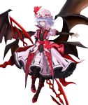  absurdres alternate_costume alternate_wings bad_id bad_twitter_id bat_wings black_legwear blue_hair commentary commentary_request hat highres hyeondo koumajou_densetsu looking_to_the_side mob_cap outstretched_arm red_eyes remilia_scarlet short_hair simple_background smile touhou white_background wings 
