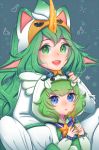  2girls alternate_costume alternate_eye_color alternate_hair_color alternate_hairstyle animal_hood artist_name blue_background blue_eyes breasts gloves green_eyes green_hair green_nails hood horn league_of_legends long_hair looking_at_viewer lulu_(league_of_legends) magical_girl multiple_girls nail_polish nanumn pajamas pointy_ears sitting smile soraka star_guardian_(league_of_legends) star_guardian_lulu star_guardian_soraka very_long_hair wand yordle 