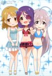  3girls :d absurdres agemono ahoge bare_legs bikini bikini_skirt blue_bikini blue_swimsuit body_blush bow bow_bikini brown_eyes chibi choker cinderella_girls_gekijou collarbone dress_swimsuit earrings embarrassed eyebrows_visible_through_hair eyes_visible_through_hair fang frilled_swimsuit frills full_body grey_eyes grey_hair hair_between_eyes hair_ribbon hand_on_another&#039;s_arm hand_on_another&#039;s_shoulder hayasaka_mirei highres hoshi_shouko idolmaster idolmaster_cinderella_girls individuals jewelry light_brown_eyes light_brown_hair long_hair looking_at_viewer looking_to_the_side magazine_scan megami morikubo_nono multicolored_hair multiple_girls navel official_art oowada_ayano open_mouth pink_bow pink_earrings pink_ribbon pointing pointing_at_viewer polka_dot polka_dot_bikini polka_dot_swimsuit print_bikini print_eyepatch purple_bikini purple_eyepatch purple_footwear purple_hair red_choker redhead ribbon sandals scan smile sparkle_background streaked_hair swimsuit toes tongue very_long_hair wavy_mouth white_polka_dots yellow_footwear 