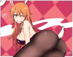  1girl absurdres animal_ears ass bare_shoulders blue_eyes breasts bunny_girl bunny_tail bunnysuit charlotte_e_yeager detached_collar emirio_(user_wmup5874) grin hair_between_eyes heart highres long_hair looking_at_viewer medium_breasts one_eye_closed orange_hair pantyhose patterned_background rabbit_ears signature skindentation smile solo strike_witches tail world_witches_series 
